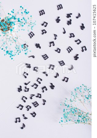 Musical concept flow of black notes and dried flowers vertical view Musical concept flow of black notes and dried flowers vertical view 107415625