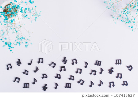 Conceptual background of black musical notes and dried flowers top view 107415627