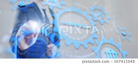 Technology icons and INSURTECH inscription, web technology concept 2023 Technology icons and INSURTECH inscription, web technology concept 2023 107415848