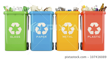 Recycling trash cans with glass, paper, metallic and plastic waste, 3D rendering Recycling trash cans with glass, paper, metallic and plastic waste, 3D rendering 107416089
