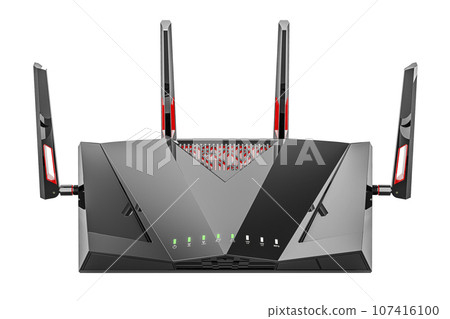 Wireless Internet Router. Dual Band Gigabit Wireless Internet Router, High-Speed. 3D rendering Wireless Internet Router. Dual Band Gigabit Wireless Internet Router, High-Speed. 3D rendering 107416100