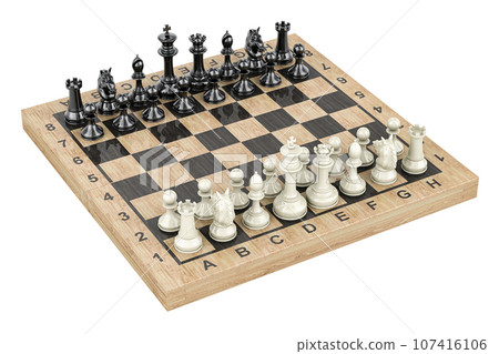 Chess board with figures. Start chess game, 3D rendering Chess board with figures. Start chess game, 3D rendering 107416106