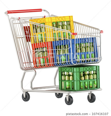Shopping cart full of beer crates, 3D rendering Shopping cart full of beer crates, 3D rendering 107416107