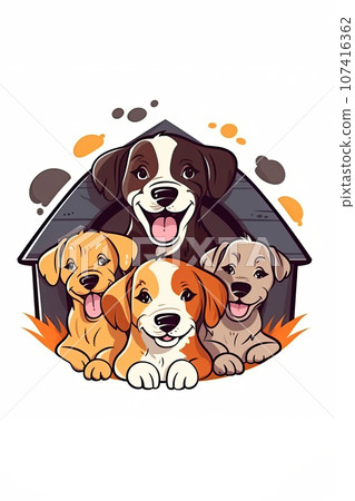 Illustration logo of happy dogs on white background. Adoption Campaigns, attention to animals in need of new home. Veterinary Services related to pet health and well-being. Protection and care of pets Illustration logo of happy dogs on white background. Adoption Campaigns, attention to animals in need of new home. Veterinary Services related to pet health and well-being. Protection and care of pets 107416362