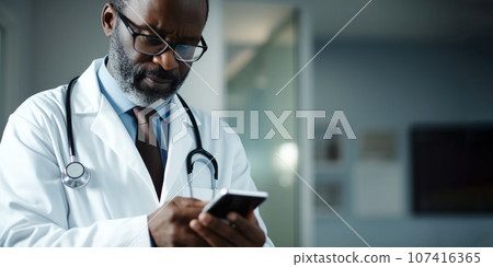 Elderly African American doctor in glasses and white lab coat looking at screen of phone holding in his hands. Healthcare Communication. Medical services in clinic, insurance companies, medical apps Elderly African American doctor in glasses and white lab coat looking at screen of phone holding in his hands. Healthcare Communication. Medical services in clinic, insurance companies, medical apps 107416365