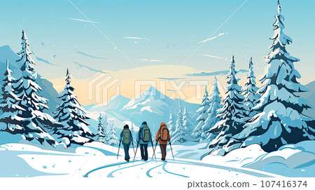 Illustration of scenic winter landscape with snow-covered fir spruce forest and snowy mountains in the background. Ecotourism Promotion. Promote eco-friendly tourism in the mountains 107416374