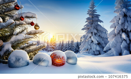 Snow-covered fir trees with Christmas ornaments, a picturesque Christmas landscape background. Banner with copy space 107416375