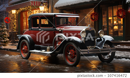 Classic Vintage Car Parked Outside The Festively Christmas Decorated Shops. Generative AI. 107416472