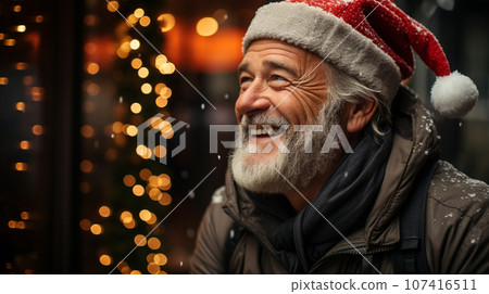 Happy Middle-aged Man with White Beard Wearing a Santa Hat and Coat Enjoying the Christmas Festivites. Generative AI. 107416511