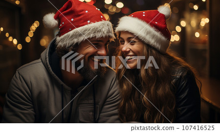 Festive Young Couple Wearing Santa Hats Laughing Together In the Snowy Evening. Generative AI. Festive Young Couple Wearing Santa Hats Laughing Together In the Snowy Evening. Generative AI. 107416525