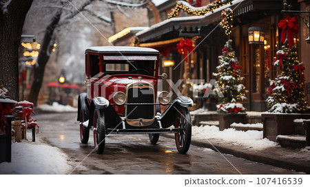 Classic Vintage Car Parked Outside The Festively Christmas Decorated Shops. Generative AI. 107416539