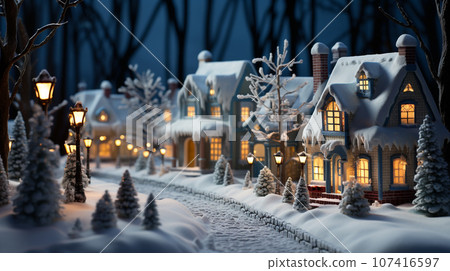 Miniature Holiday Christmas Decorated Town and Snowy Village Scene. Generative AI. Miniature Holiday Christmas Decorated Town and Snowy Village Scene. Generative AI. 107416597
