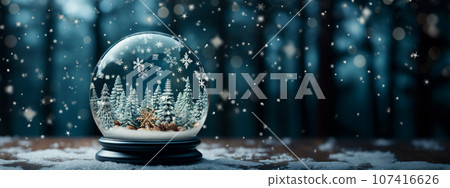 Christmas Snow Globe with Pine Trees and Cabin on a Wood Surface Banner. Generative AI. 107416626