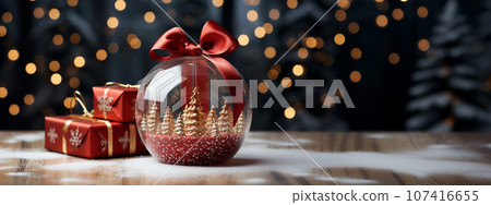 Christmas Snow Globe with Pine Trees and Small Gift Boxes on a Wood Surface Banner. Generative AI. 107416655