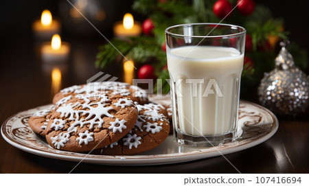Gingersnap Cookies and Milk on a Small Plate Waiting for Santa Clause Amist the Decorations on Christmas Eve. Generative AI 107416694