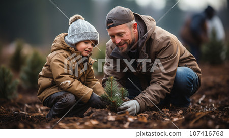 Young Father And Son Planting Christmas Trees at the Tree Farm. Generative AI. 107416768