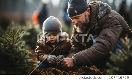 Young Father And Son Planting Christmas Trees at the Tree Farm. Generative AI. 107416769