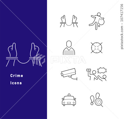 Line icon set with motifs related to crime, justice, and police 107417156