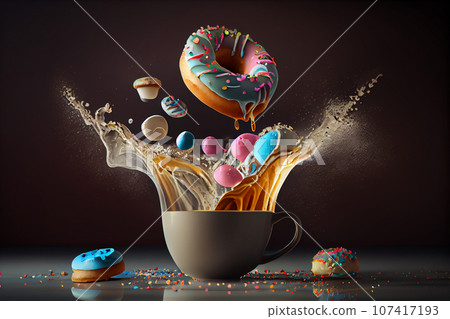 handmade donut flying in the air are on a black background with a cup of cappuccino. Fake bakery, craft concept, diet joke, proper breakfast. Levitation 107417193