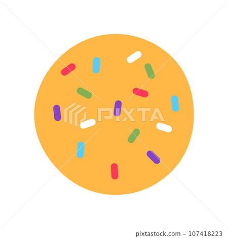 Yellow cookie with colorful sugar sprinkles isolated on white background. Gourmet crispy snack meal sign or logo flat design. Baked wholemeal wheat dessert. Minimal homemade food illustration. Yellow cookie with colorful sugar sprinkles isolated on white background. Gourmet crispy snack meal sign or logo flat design. Baked wholemeal wheat dessert. Minimal homemade food illustration. 107418223