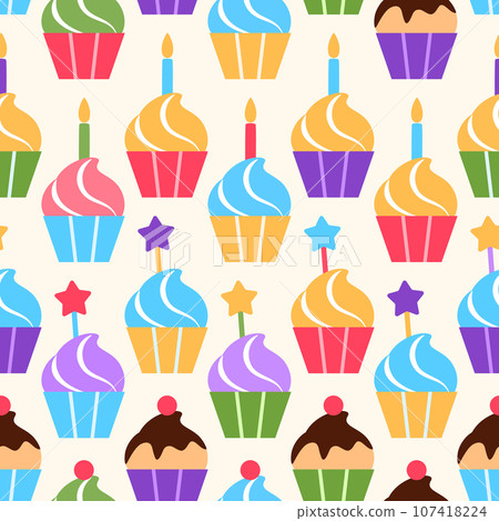 Colorful flat cupcake seamless pattern design. Festive Birthday party muffin on yellow background. Tasty dessert with vanilla cream candy berry Wrapping paper wallpaper repeat tile illustration 107418224
