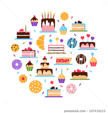 Colorful pastry circle concept on white background. Food sweetness elements set. Danish pastries patisserie for cafe shop restaurant menu banner design. Cake muffin bun cookie pie illustration. 107418225