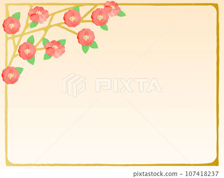 A cute frame illustration of camellia flowers on an orange background like a sunset 107418237