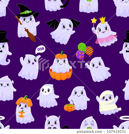 Cartoon cute Halloween kawaii ghost characters seamless pattern for holiday, vector background. Happy Halloween and trick or treat party pattern background with funny boo ghost vampire with balloons 107419531