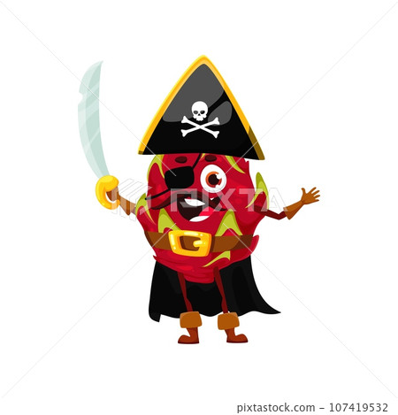 Cartoon funny Halloween dragon fruit character in pirate holiday costume. Isolated vector comical pitahaya corsair personage wear swashbuckling outfit, brings fruity hilarity to the spooky festivities 107419532