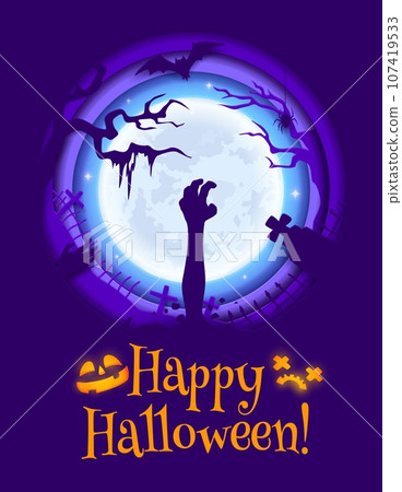 Halloween paper cut banner with zombie hand on cemetery, horror holiday vector background. Happy Halloween with scary pumpkin lanterns, dead monsters and tombstones on graveyard in midnight cemetery 107419533