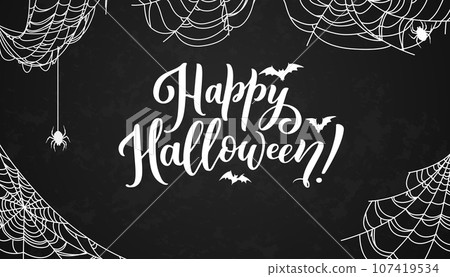 Happy Halloween black banner with flying bats, spiders and cobweb for holiday horror, vector background. Happy Halloween and trick or treat party dark banner with creepy spooky spiders on spiderweb 107419534