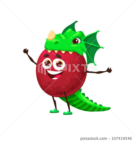 Cartoon funny Halloween mangosteen fruit character in holiday costume of dragon. Isolated vector whimsical personage blending fruity charm with mythical fun, during spooky carnival celebration fun 107419540