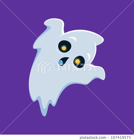 Halloween ghost character with wide glowing eyes on a mischievous face and raised arms playfully saying boo, while trying to frighten. Isolated cartoon vector charming, spooky and adorable spirit 107419573