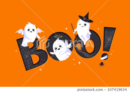 Halloween paper cut greetings with quote BOO and kawaii ghost characters, vector banner. Halloween holiday horror night and trick or treat party with cute funny ghost angel in witch hat with broom 107419634