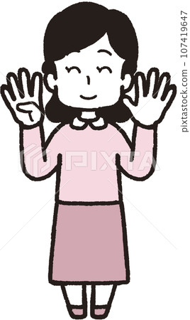 一位微笑的女士用左手 5 個手指、右手 4 個手指做 45 個手勢的全身插圖 107419647