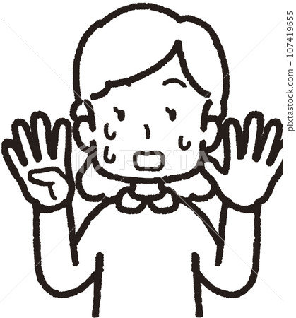 Upper body line drawing illustration of a woman sweating and panicking while doing the 45 hand sign with five fingers on her left hand and four fingers on her right hand Upper body line drawing illustration of a woman sweating and panicking while doing the 45 hand sign with five fingers on her left hand and four fingers on her right hand 107419655