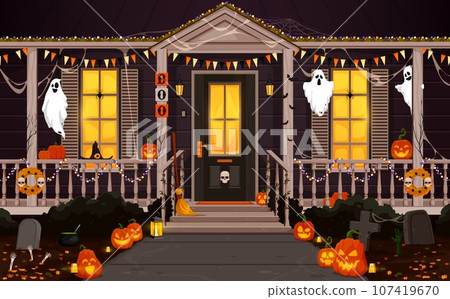 Halloween door and porch. Vector cottage front yard with festive decorations. Jack lantern pumpkins, spooky ghosts, grave stones and skeleton hands. Broom, garlands, cobwebs and witch hat on terrace 107419670