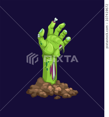 Zombie hand from grave, Halloween horror corpse or dead monster arm, cartoon vector. Green rotten zombie hand reaching out of grave with bones and nails for holiday spooky scary symbol 107419672