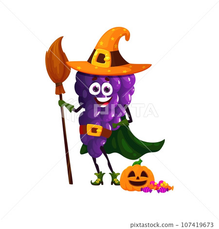 Cartoon funny halloween grapes fruit character in holiday witch costume. Isolated vector hilariously cute grape dressed as a mischievous harridan, complete with a pointy hat, sweets and broomstick Cartoon funny halloween grapes fruit character in holiday witch costume. Isolated vector hilariously cute grape dressed as a mischievous harridan, complete with a pointy hat, sweets and broomstick 107419673