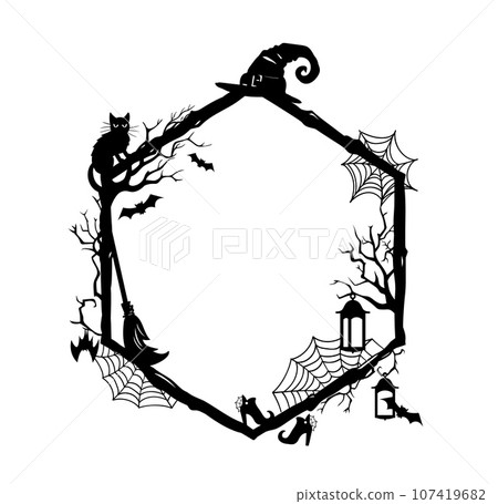 Halloween holiday black frame with silhouettes of cobwebs, witch hat and boot, broomstick, black cat, lantern and flying bats. Isolated vector decorative hexagonal border or vignette with spooky decor Halloween holiday black frame with silhouettes of cobwebs, witch hat and boot, broomstick, black cat, lantern and flying bats. Isolated vector decorative hexagonal border or vignette with spooky decor 107419682