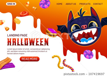 Halloween landing page with devil character and holiday sweets. Vector web banner with cartoon creepy bat, jelly worms, corn candies, toffee and liquorice on bright white and orange background 107419697