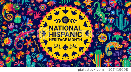 National hispanic heritage month banner with flowers, lizards, cactuses and pinata. Vector background with alebrije style reptiles and floral pattern, showcasing rich culture of hispanic communities 107419698