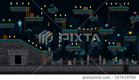 Arcade Halloween cemetery game level map interface. Platform and ghosts, zombie and coins, tomb stones and graves. Cartoon vector ui parallax background with night graveyard, monsters and assets Arcade Halloween cemetery game level map interface. Platform and ghosts, zombie and coins, tomb stones and graves. Cartoon vector ui parallax background with night graveyard, monsters and assets 107419708