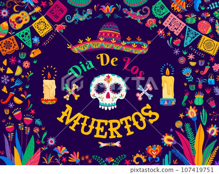 Dia de Los Muertos or Day of Dead banner with calavera skull in sombrero, vector papel picado flags and candles. Mexican holiday Dia de Los Muertos background, guitars and maracas in floral ornament 107419751