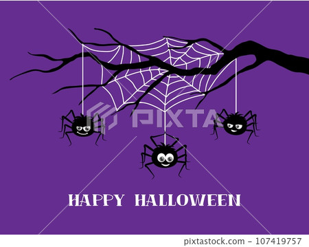 Funny Halloween spiders on cobweb holiday banner, vector trick or treat night characters. Cute black spiders insects hanging on creepy tree with white threads of spiderweb, Halloween greeting card 107419757