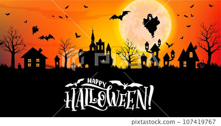 Halloween town silhouette. Vector banner with moonlit creepy cityscape shrouded in darkness, where eerie shadows of haunted houses, gnarled trees and ghost figures set stage at spooky night of frights 107419767