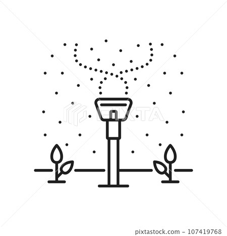 Agriculture plants irrigation system icon. Field seedling drip water irrigation, sprinkling technology or aquaponics automatic system outline vector sign. Farm watering equipment pictogram or symbol 107419768