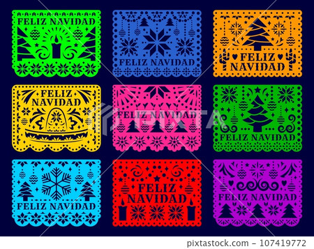 Feliz Navidad Mexican papel picado flags and paper cut garland, Christmas holiday vector banners. Mexico fiesta papel picado papercut flag decorations with Christmas tree, snowflake, candle and cactus Feliz Navidad Mexican papel picado flags and paper cut garland, Christmas holiday vector banners. Mexico fiesta papel picado papercut flag decorations with Christmas tree, snowflake, candle and cactus 107419772