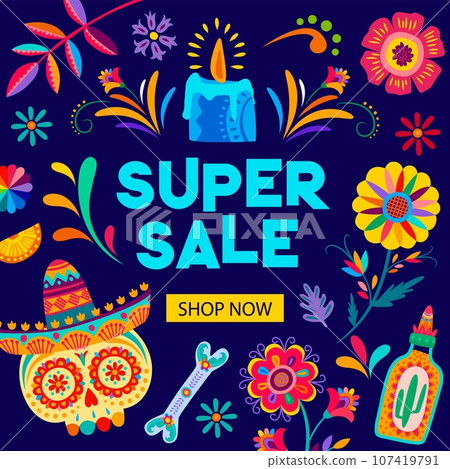 Day of the Dead Dia De Los Muertos sale banner of mexican Halloween holiday special offer. Vector calavera sugar skull, flowers and candle, sombrero, tequila and skeleton bones with floral pattern Day of the Dead Dia De Los Muertos sale banner of mexican Halloween holiday special offer. Vector calavera sugar skull, flowers and candle, sombrero, tequila and skeleton bones with floral pattern 107419791