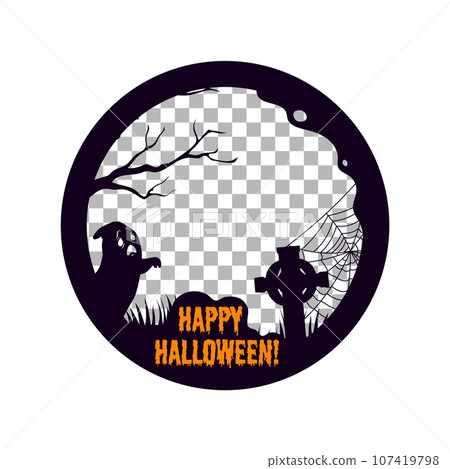 Halloween black frame, social media post template with ghost on cemetery, vector silhouette. Happy Halloween holiday social media storytelling post frame with spooky ghost or grave tombstone in cobweb 107419798